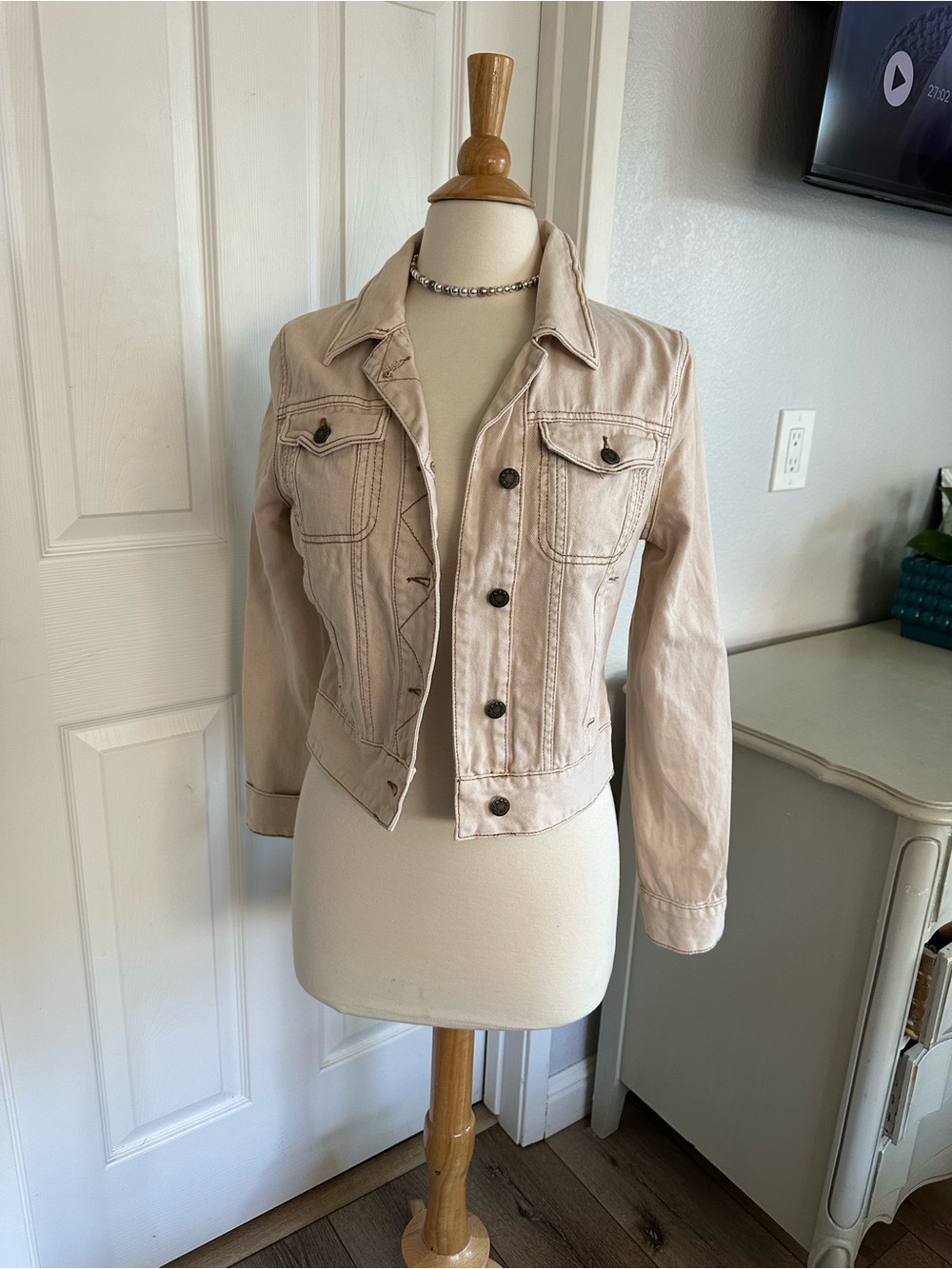 Free People Light Beige Denim Jacket with Button Front